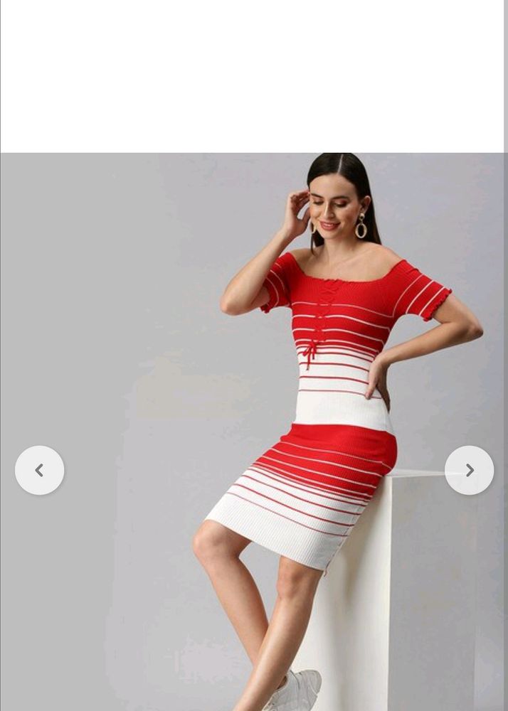 SHOWOFF Bodycon Dress with Off-Shoulders Red White