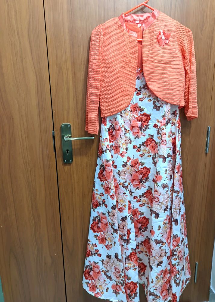 Grown Dress , Orange-white Colour, Floral Pattern