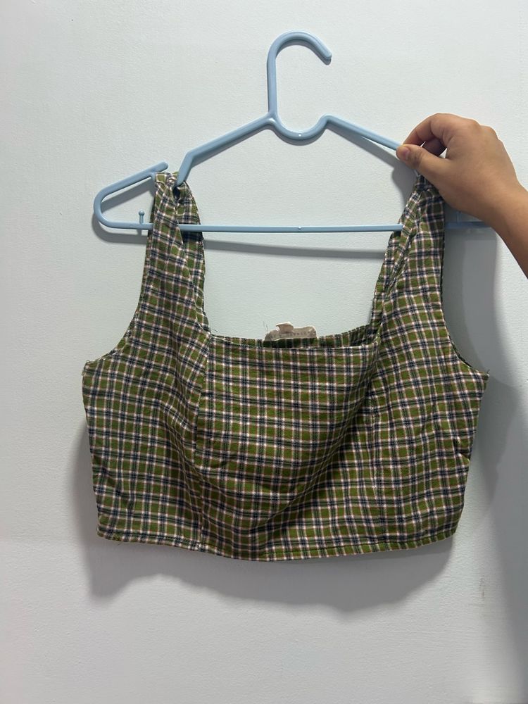 Square Neck Checked Green  Crop Top