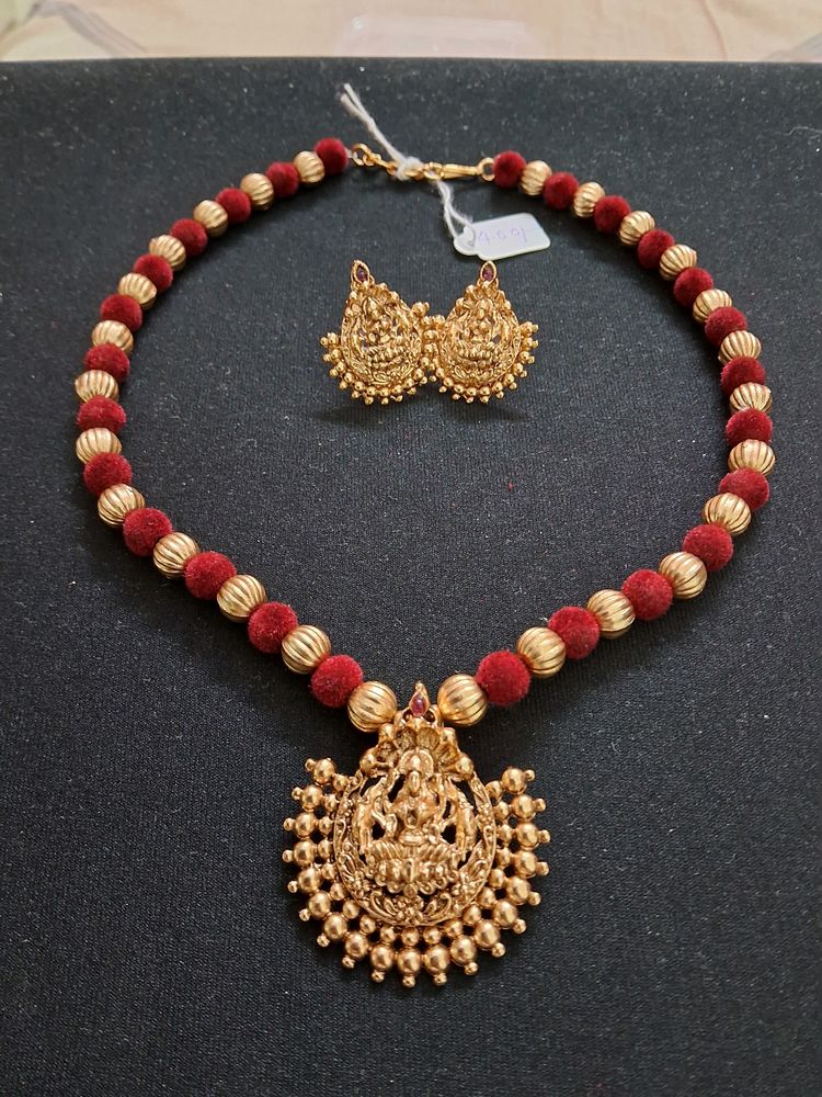 Golden Balls Chain With Laxmi Pendent And Earrings