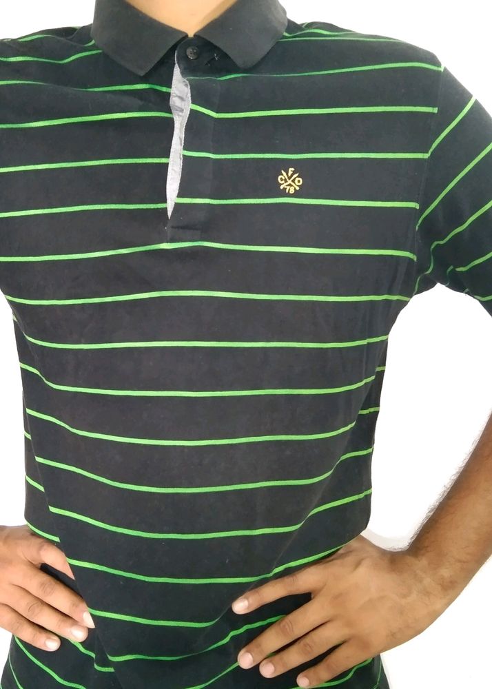 Men Striped Black Green Polo T Shirt & For Women