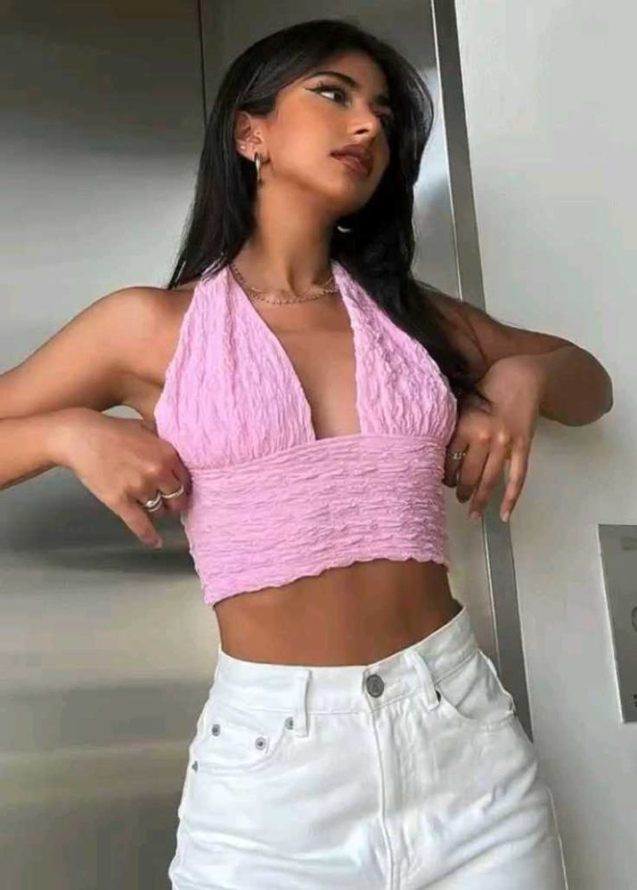 H&M Baby pink Halter Neck Fitted Crop Top