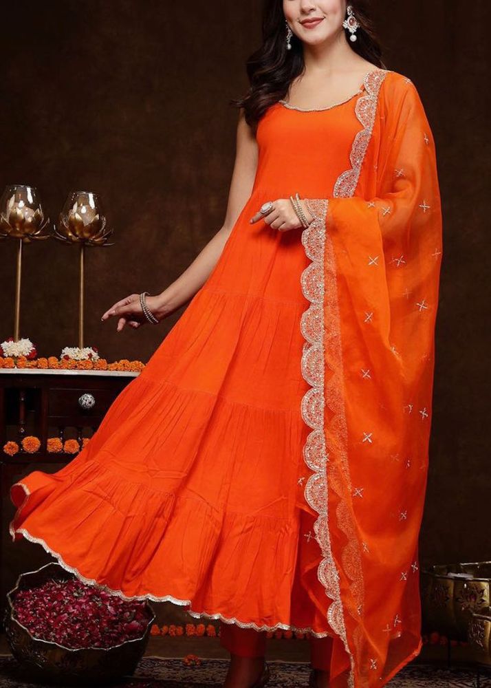 Orange Party Wear Kurta With Work Dupatta