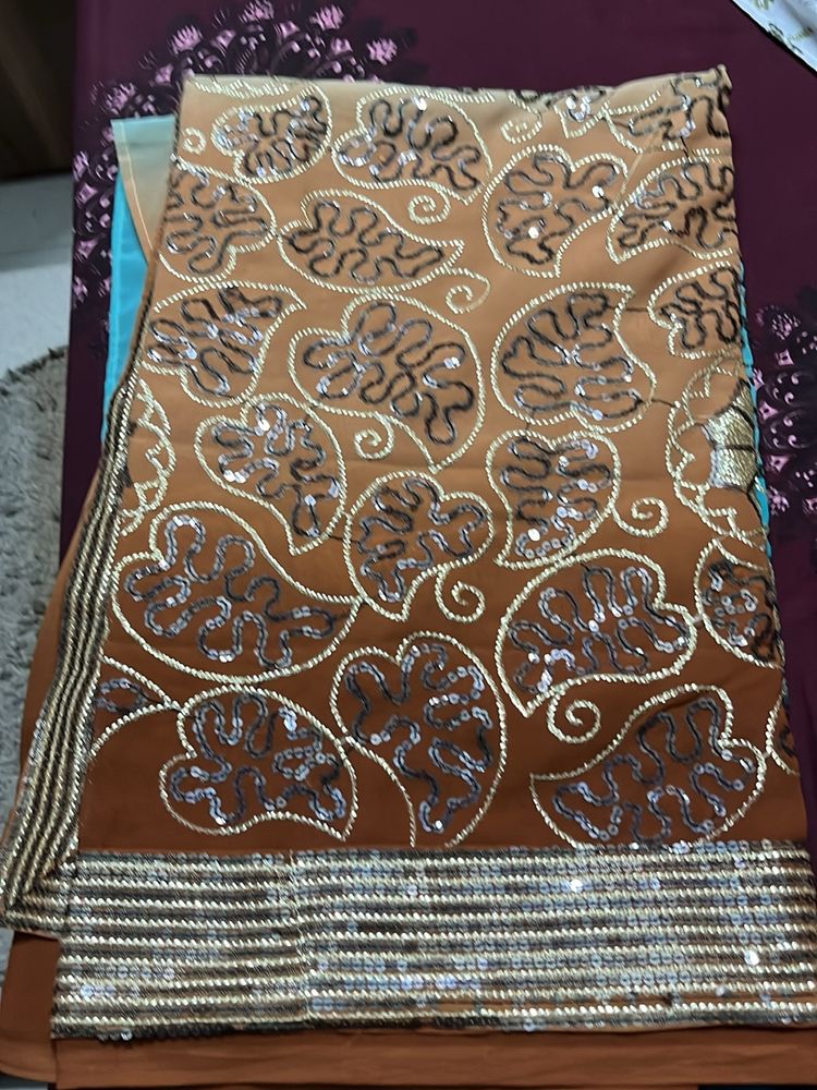 Brown Blue Fancy Saree