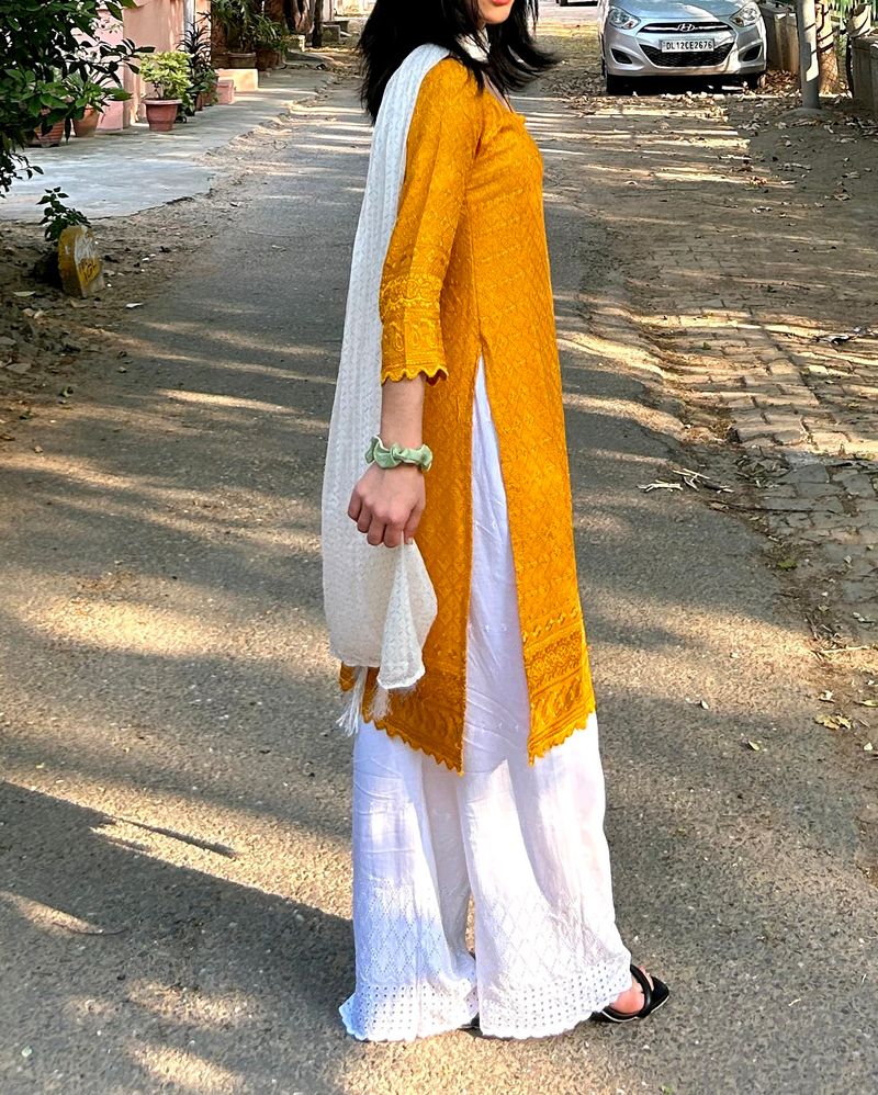 Yellow Kurti And White Duppatta