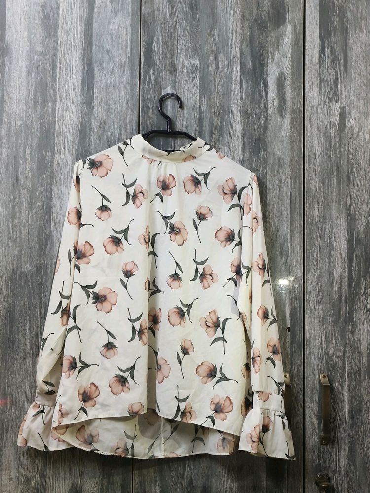 White Flower Print Full Sleeve Top