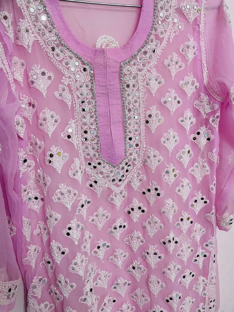 Pink Chikankari kurta with mirror work