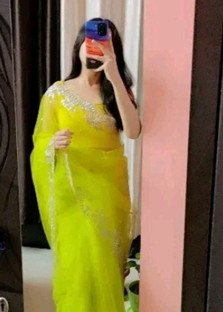 Beautiful Lime Color Saree With Not Used