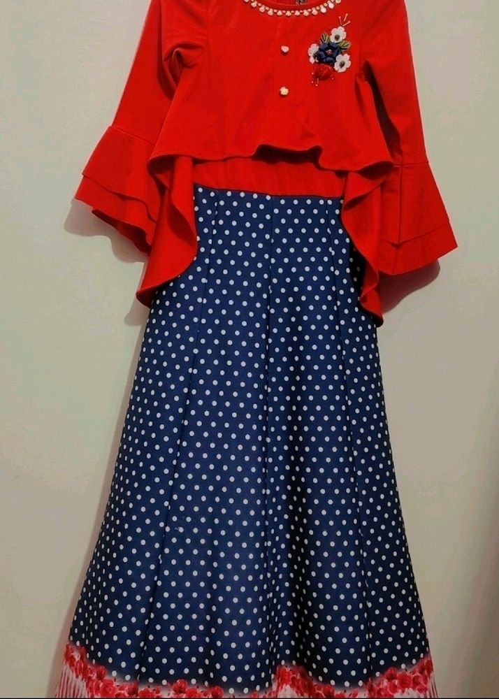 Red & Blue Dotted Print Dress For Girl 12- 14 Year