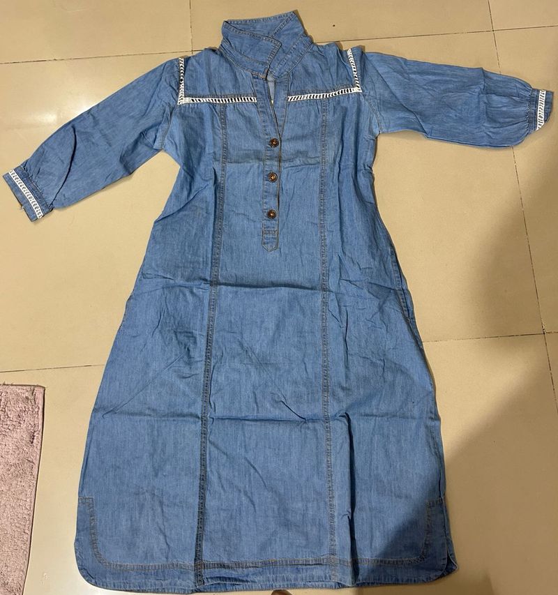 Denim Kurta with 2 Side Pockets |