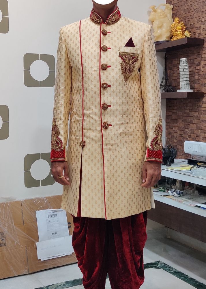 Men Sherwani Dhoti Stitched Set -Cream & Maroon