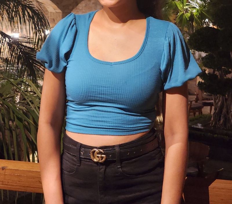 Blue  Crop Top With Stylish Sleeves