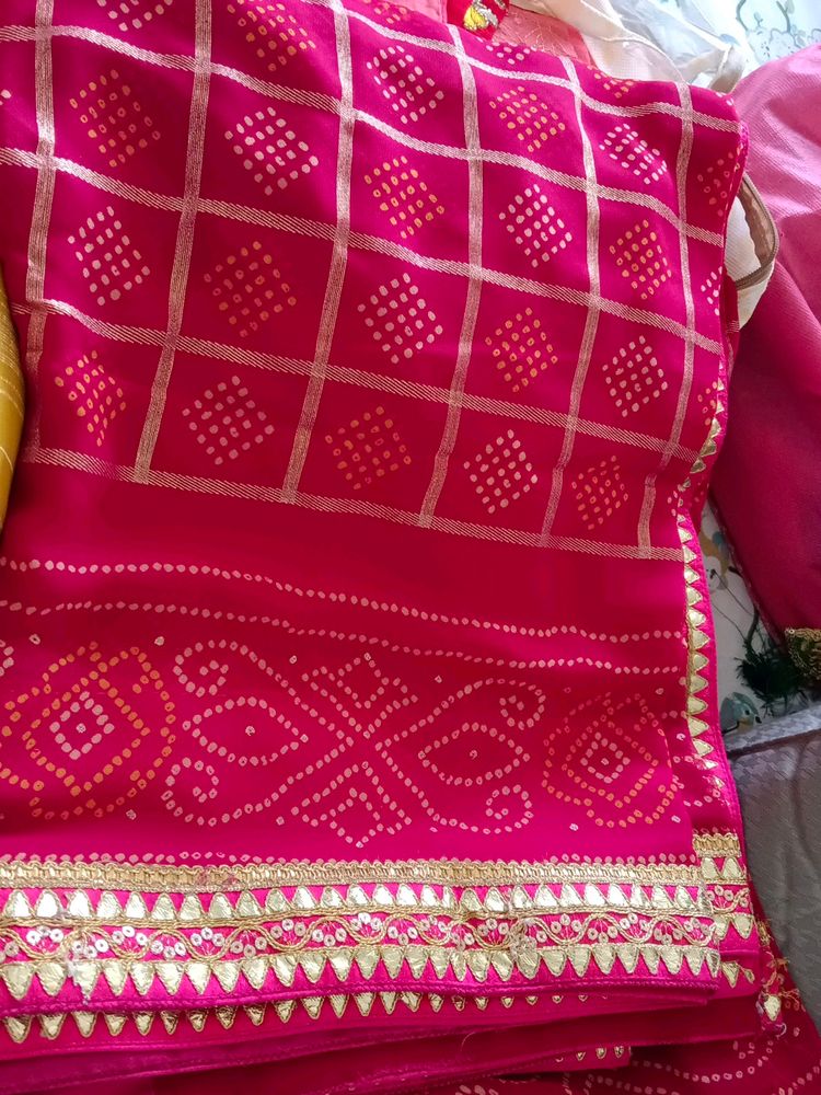 Heavy Gotta Patti Work Bandhej Saree Full Finishing With Heavy Pallu