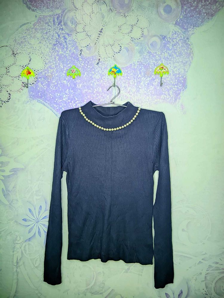 Navy Blue top With Attached Pearl Necklace