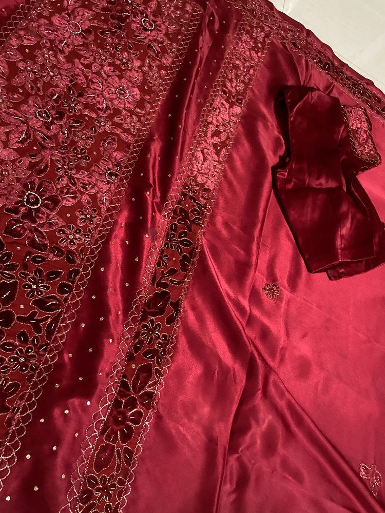 Red Silk Velvet Work Saree