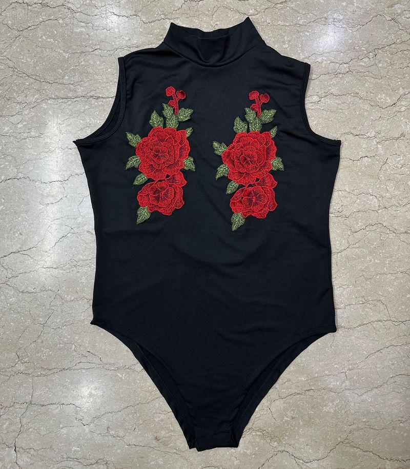 Black Bodysuit With Embroidered Patch Work