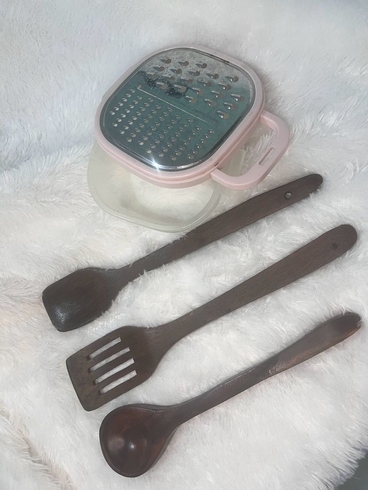 Wooden Spoons And Grater With Lid