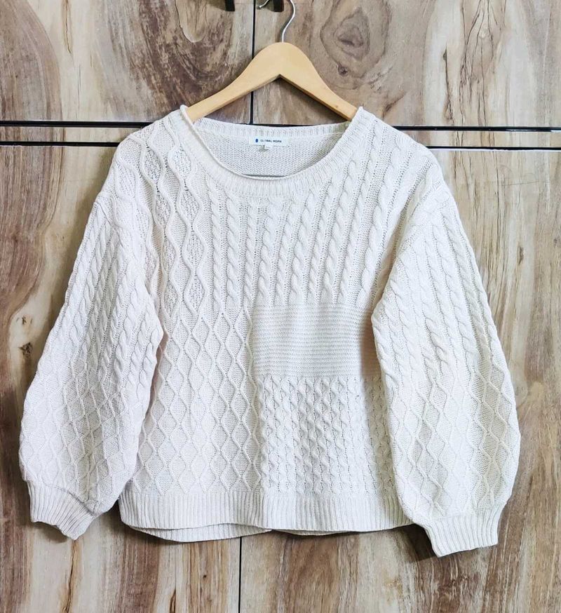 Cream Self Design Sweater Size-36