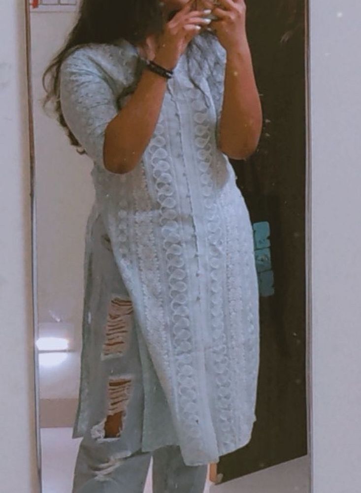 Light blue Kurti With White Chikankari Work