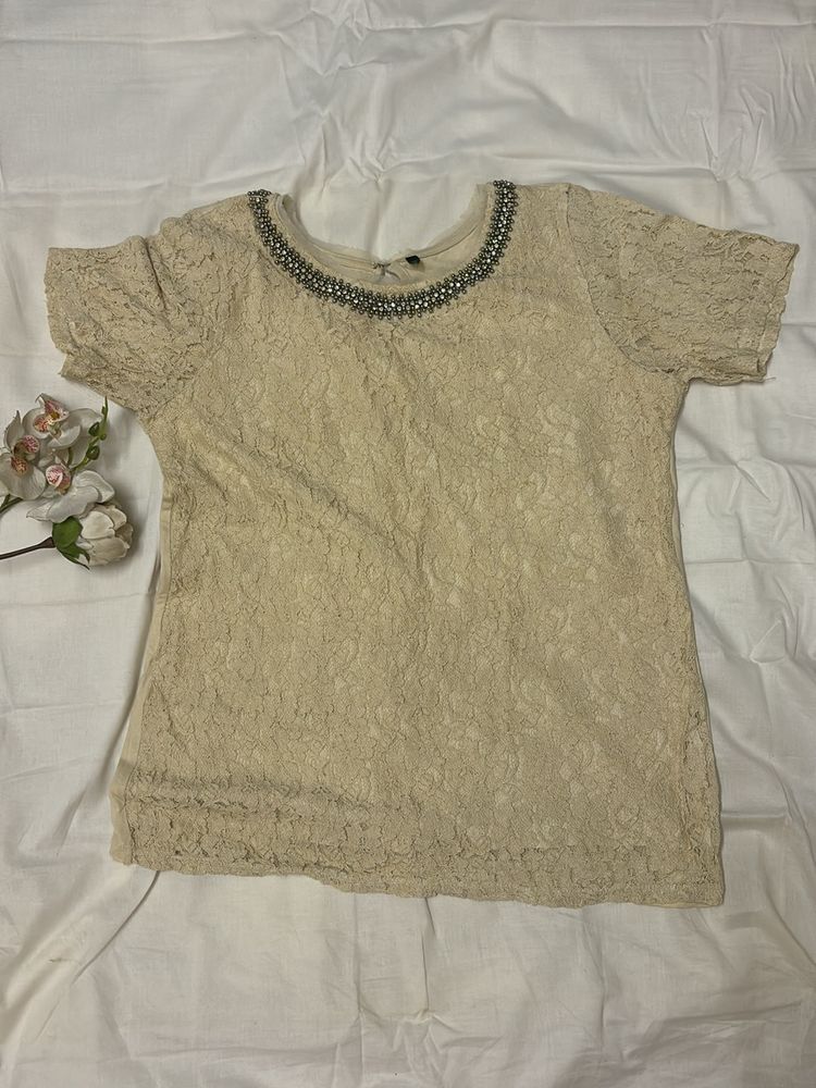 Korean Beige Sparkly Net Top