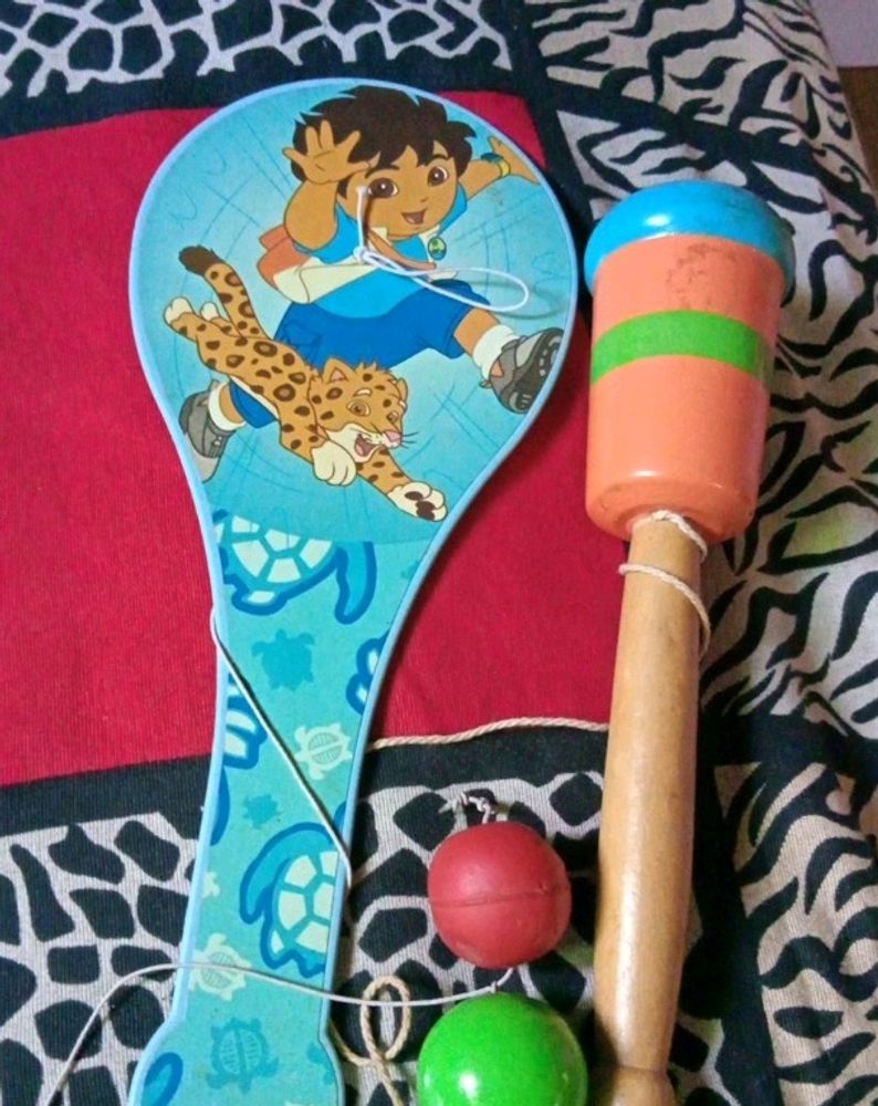 Rabbit Soft Toy, Paddle Ball And Wooden Bal