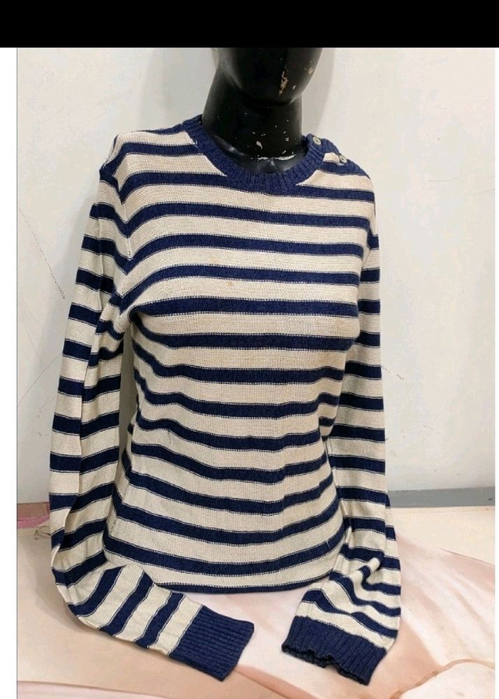 Striped Sweater Pullover With Shoulder Button Up