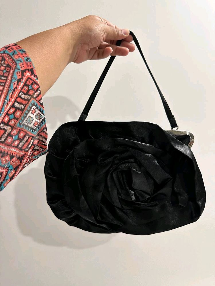 Satin Black Rose Clutch/Purse