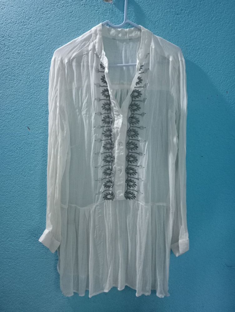 White Long Length Top With Silver Embroidery