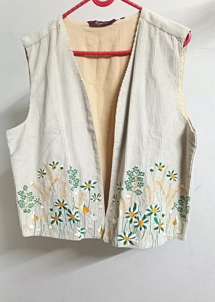 Sangria Floral Embroidery Open Front Corduroy Vest