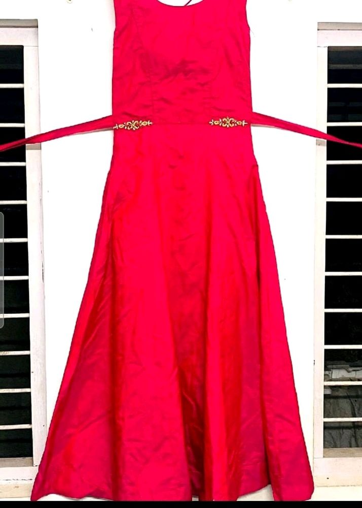 Red Gown With Beautiful Flair & Stone Belt,Cancan