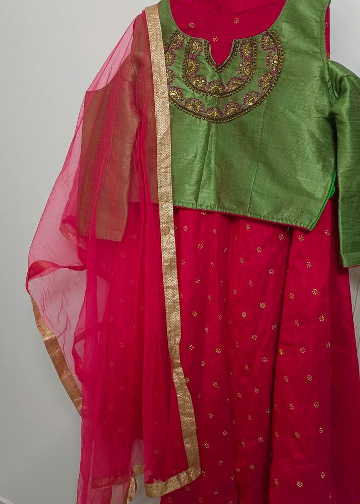 Cold Shoulder Blouse, Magenta Skirt And Dupatta