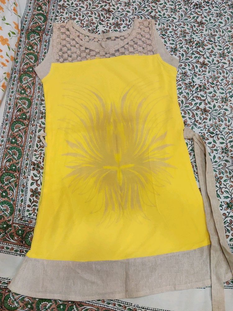 Unused Jute Yellow Dress With Belt