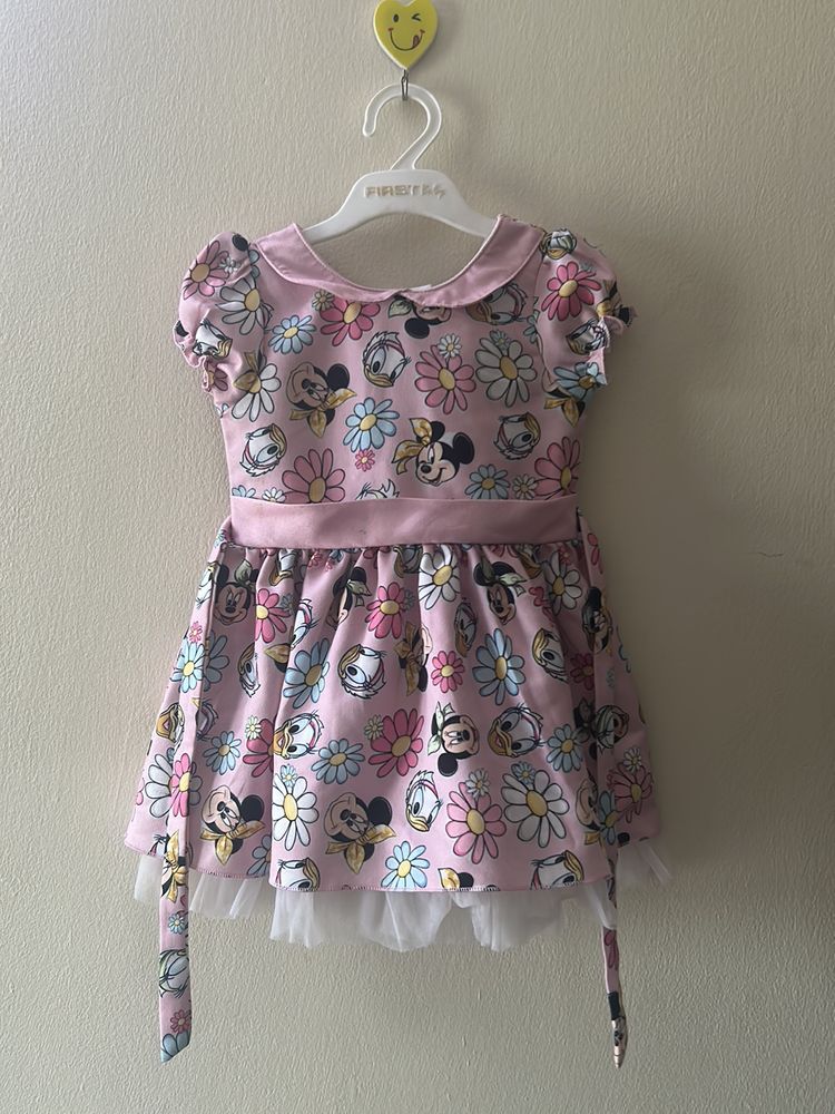 Cartoon Printed Pink Frock For Kid Girl