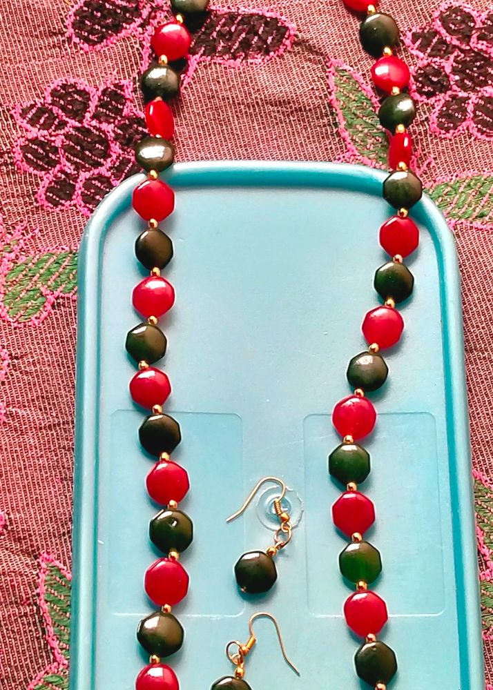 Red And Green Flat Bead Mala With Earrings Set