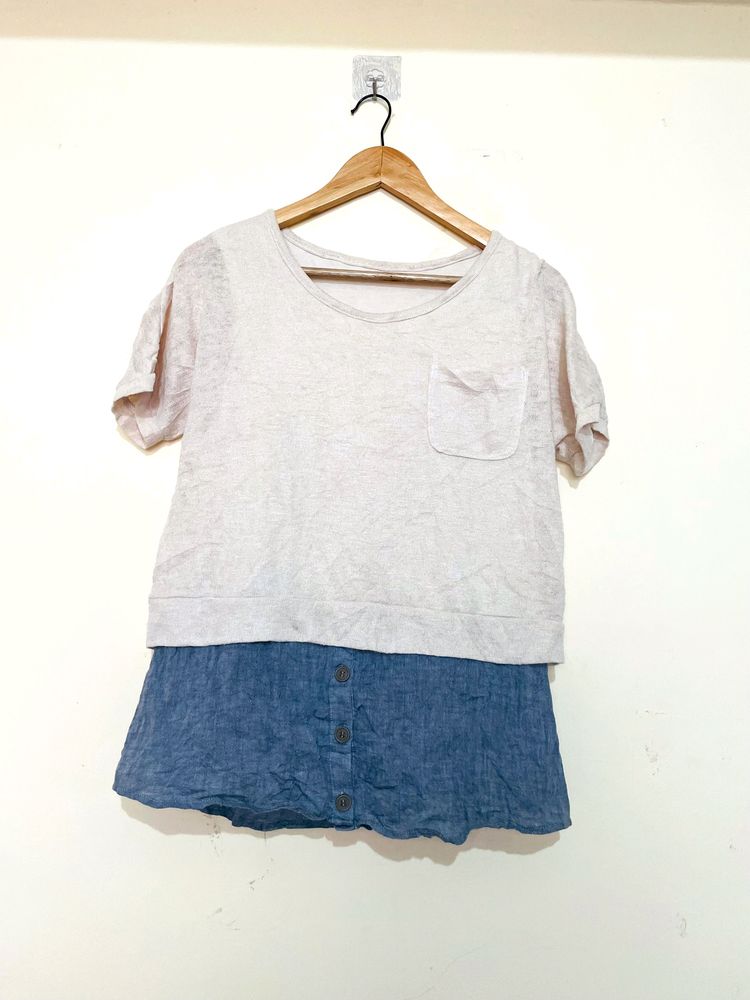 Beige & Blue Pocket Top