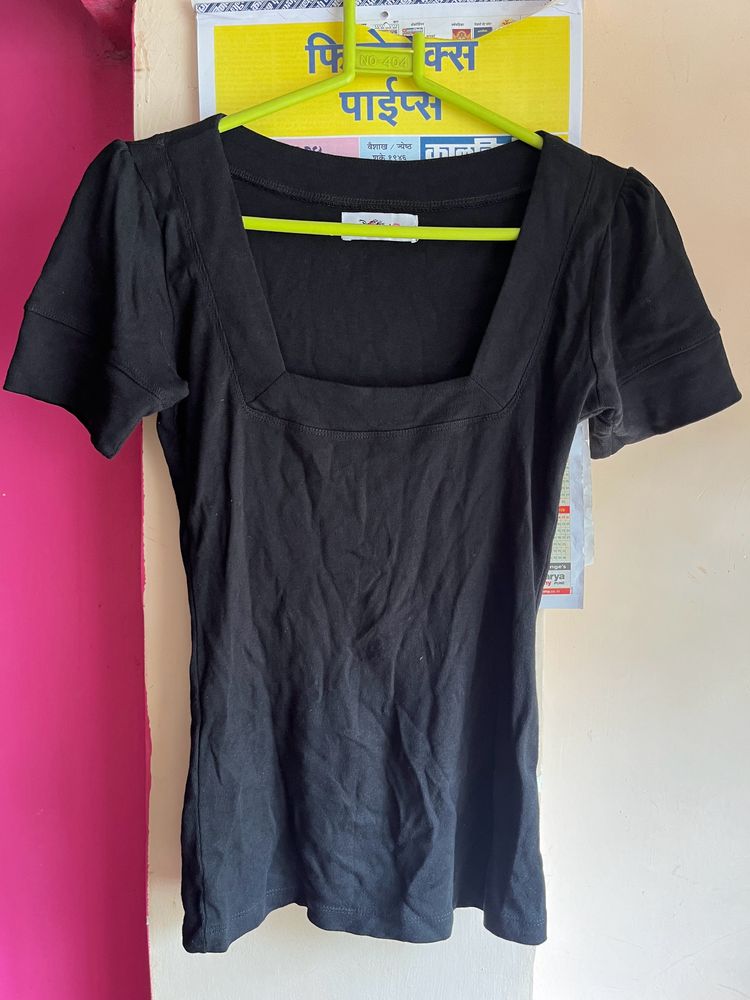 Black T-shirt For Women, Deep Square Neck