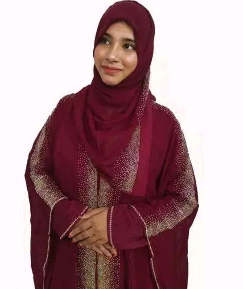 Maroon Abaya With Stone Work