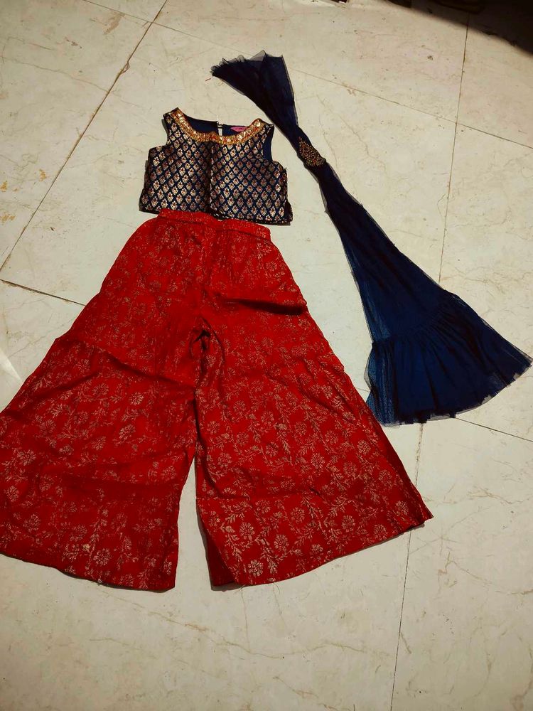 Girls' Party Wear Plazo And Crop Top With Dupatta