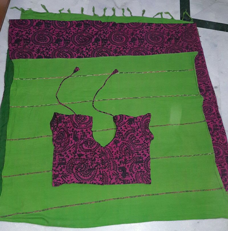 2in1ComboGreen And Pink Designed Saree WithBlouse