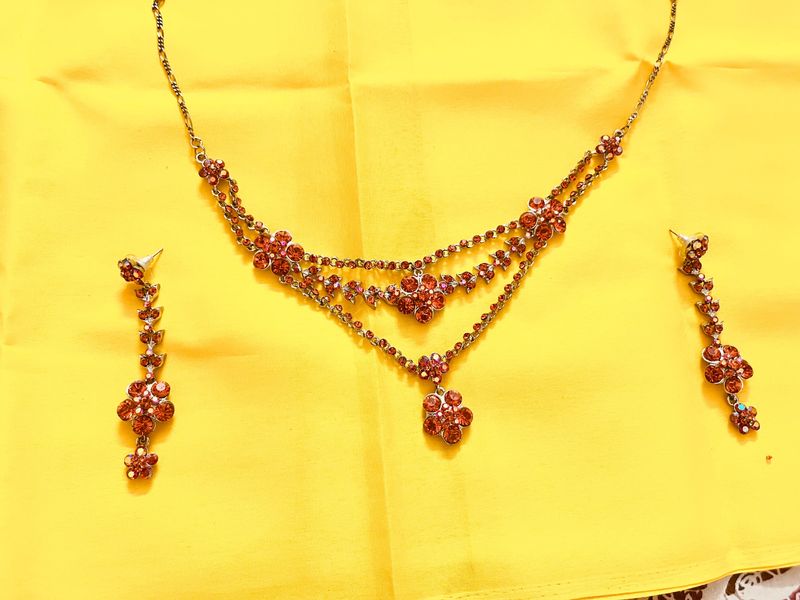 Best Quality Jaipuri Antique Kundan, Set Three Layer With Long Earrings, Orange Colour