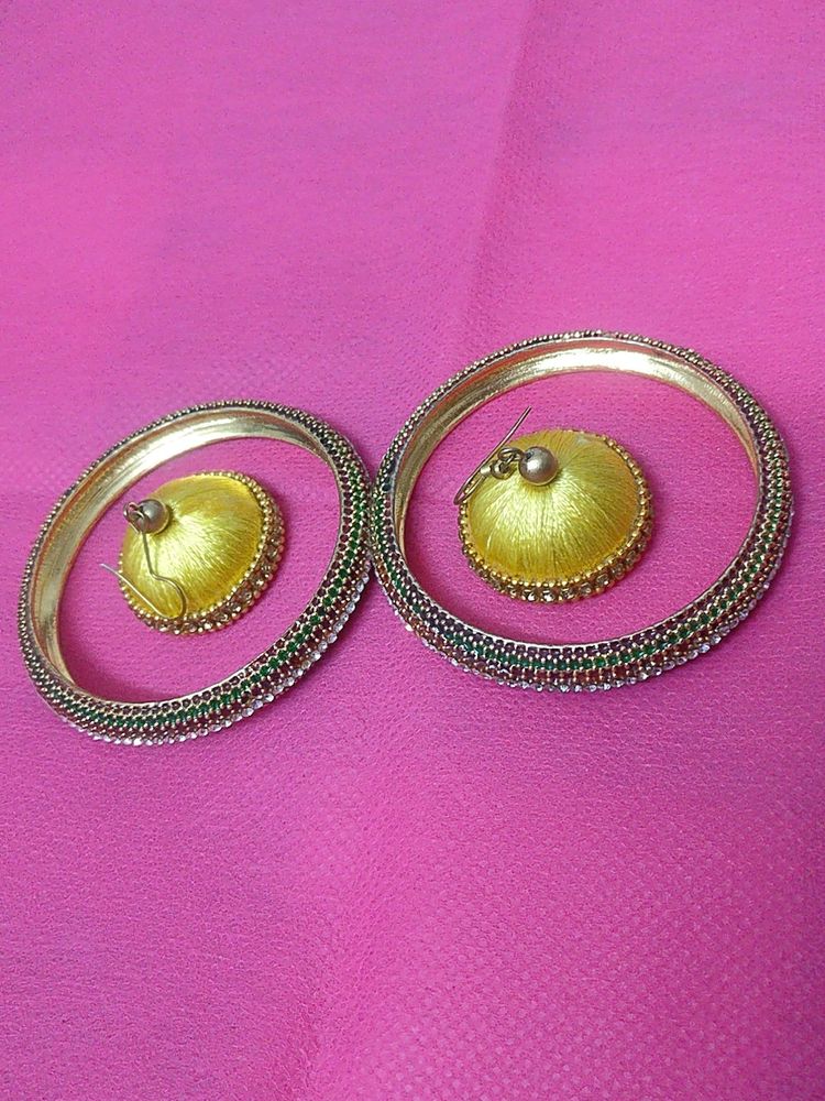 1 Set Of Bangles(Red Green Color & White Stones)And 1 Set Of Silk Thread Earrings (Yellow Color)