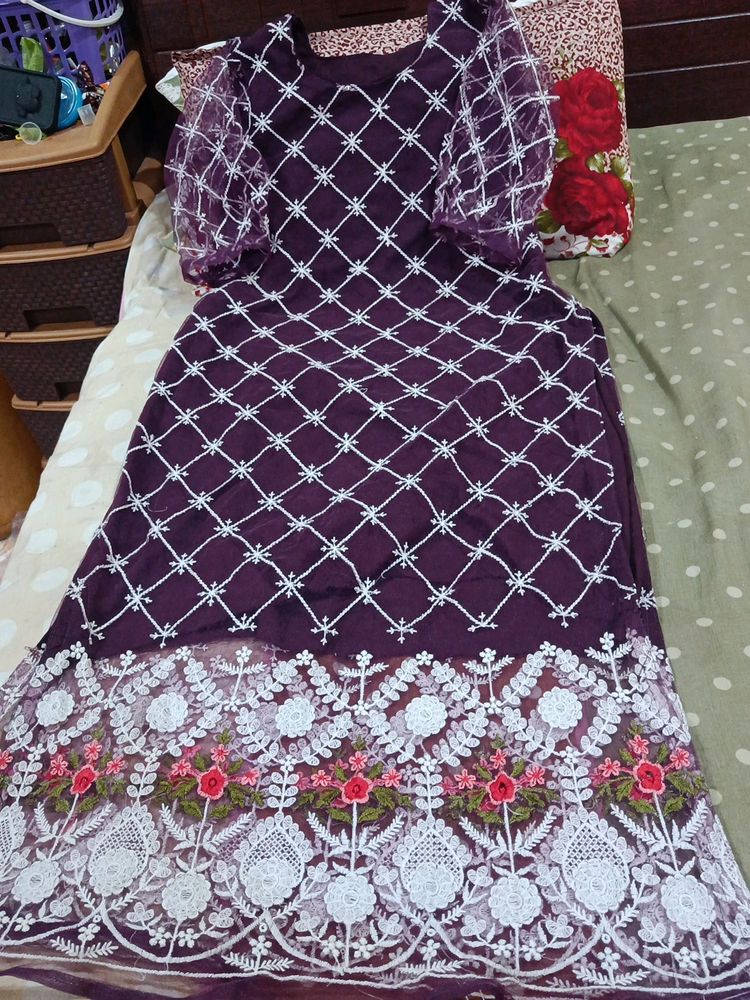 Long Net Kurti With Heavy Thread Design