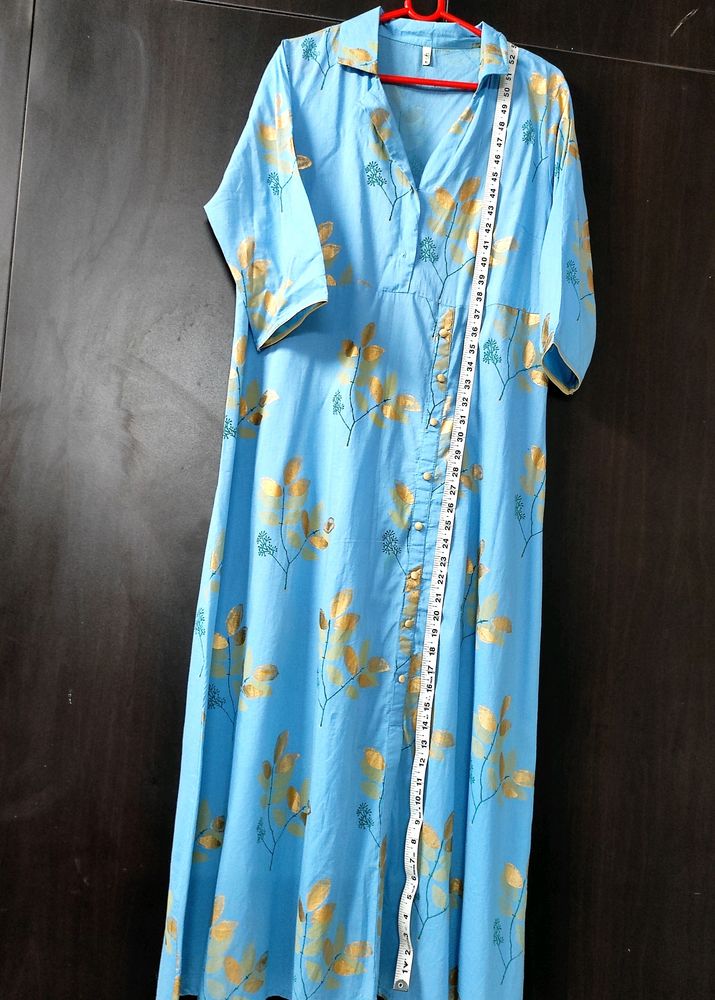 Sky Blue Long Kurta With Shirt Collar, Front Slit