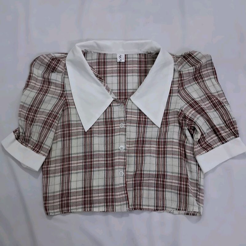 Cute collar checked shirt top