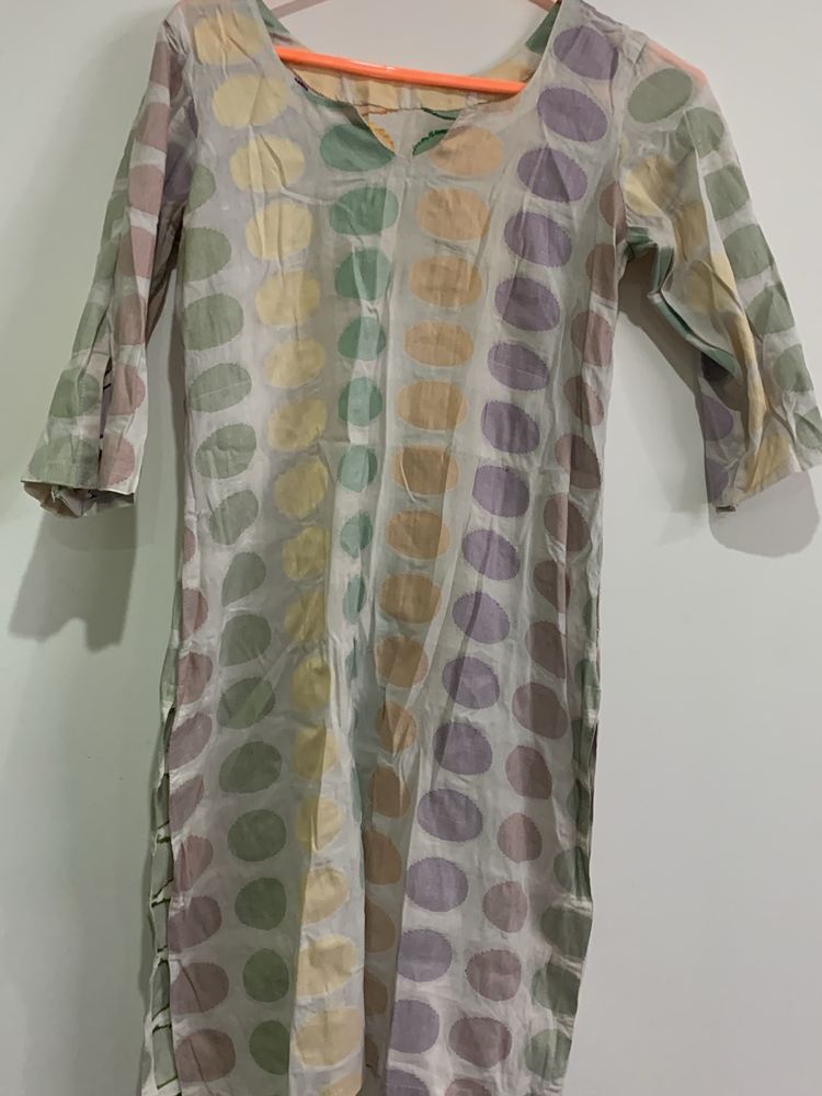 White kurti with multi colour Design