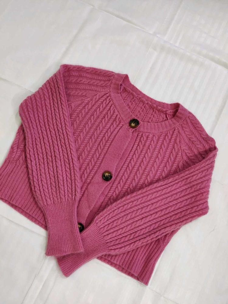 Women Cable Knit Pink Cardigan 🧶