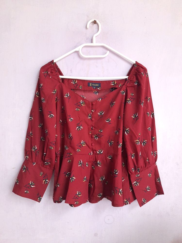 Maroon Floral Puff Sleeves Top