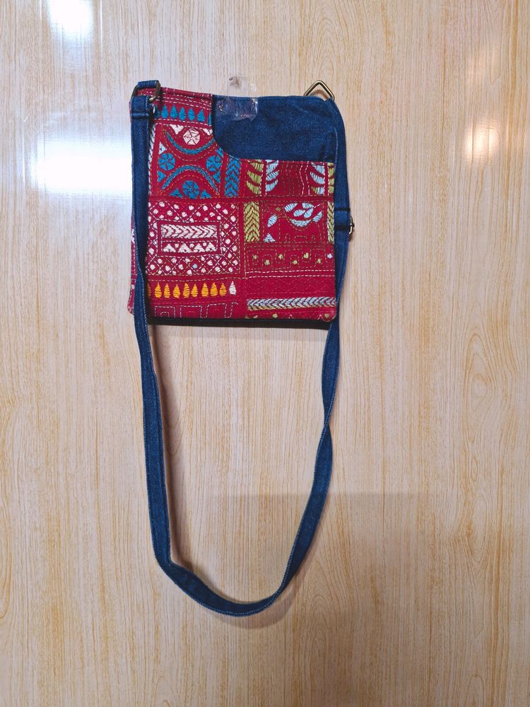 Denim Embroidered Sling Bag