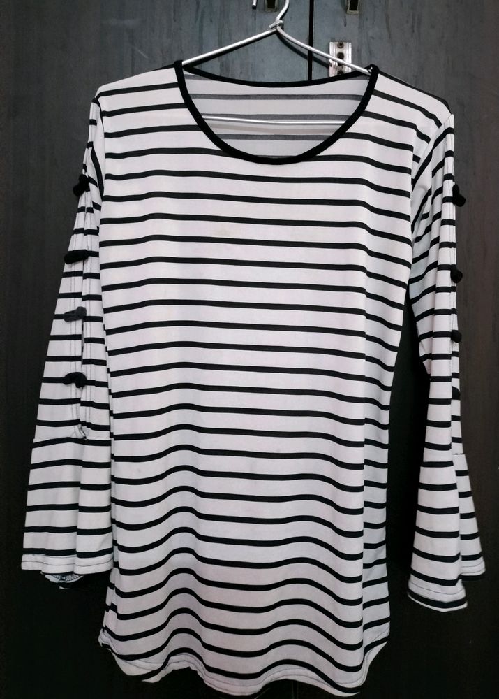 Black And White Striped Top With Cut Out Sleeves