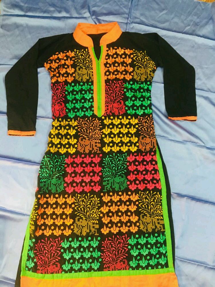 Black And Orange Embroidary Kurti